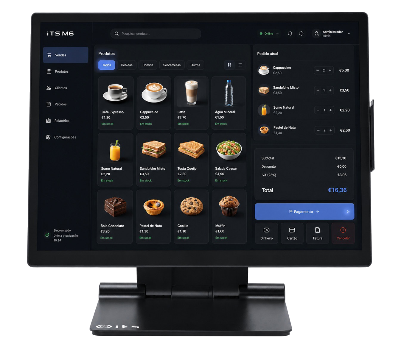 Terminal POS ITS M6 Modular, de frente, com o software de ponto de venda no ecrã